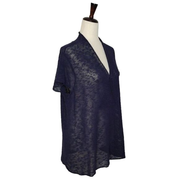 Eileen Fisher Navy Blue Linen Blend V-neck Cap Sleeve Sheer Sweater Size L - Picture 2 of 8